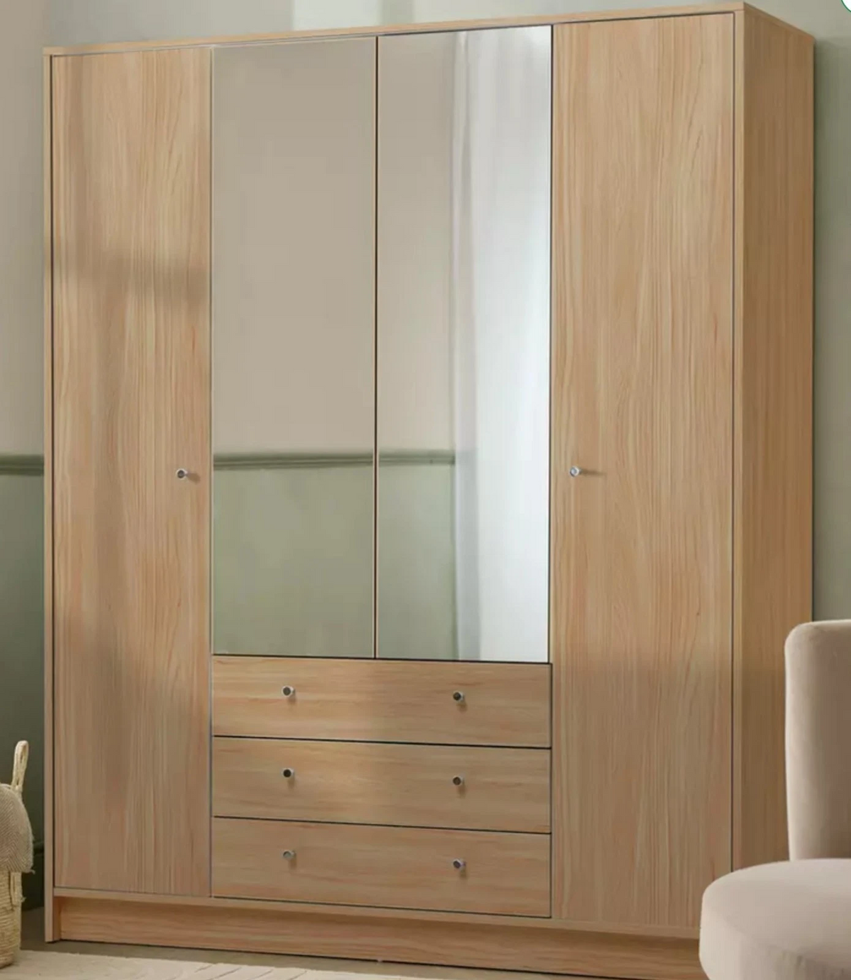 Wardrobe Oak Effect Home Malibu 4 Dr 3 Drawer Mirror