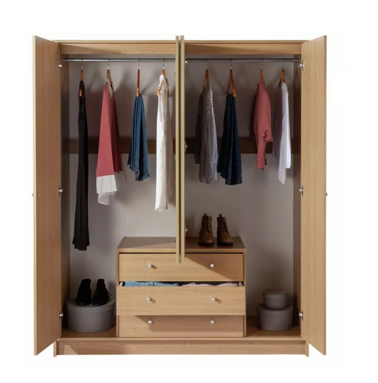 Wardrobe Oak Effect Home Malibu 4 Dr 3 Drawer Mirror