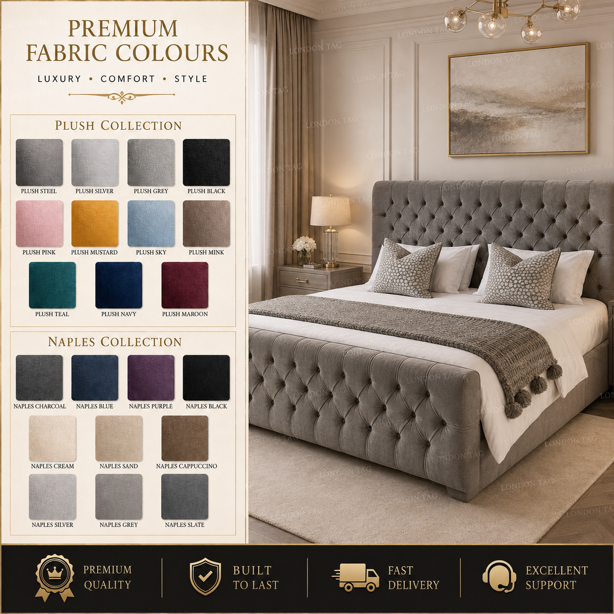 KENDALL Deep-Tufted Upholstered Bed - Double, King & Super King Size UK