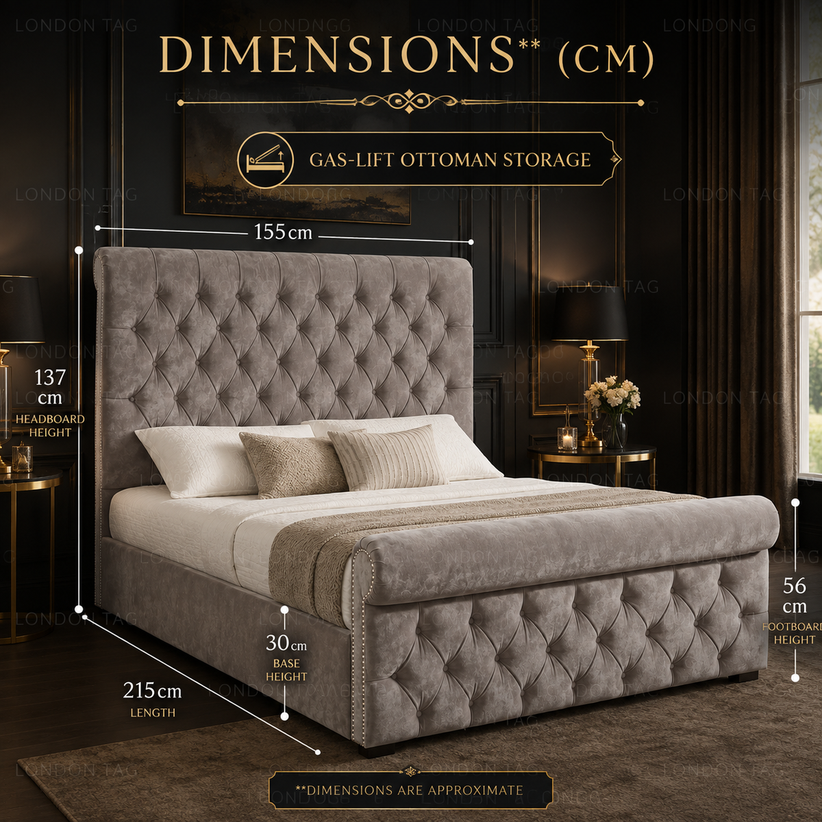 SLEIGH Upholstered Bed Frame - Deep Button Tufted - Double, King & S.King UK