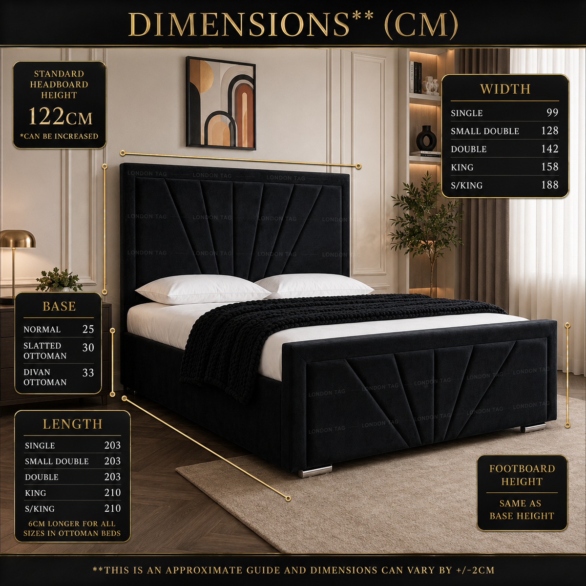 HORIZON Bumper Bed Frame - Fan-Stitched Upholstered - Double, King, S.King UK