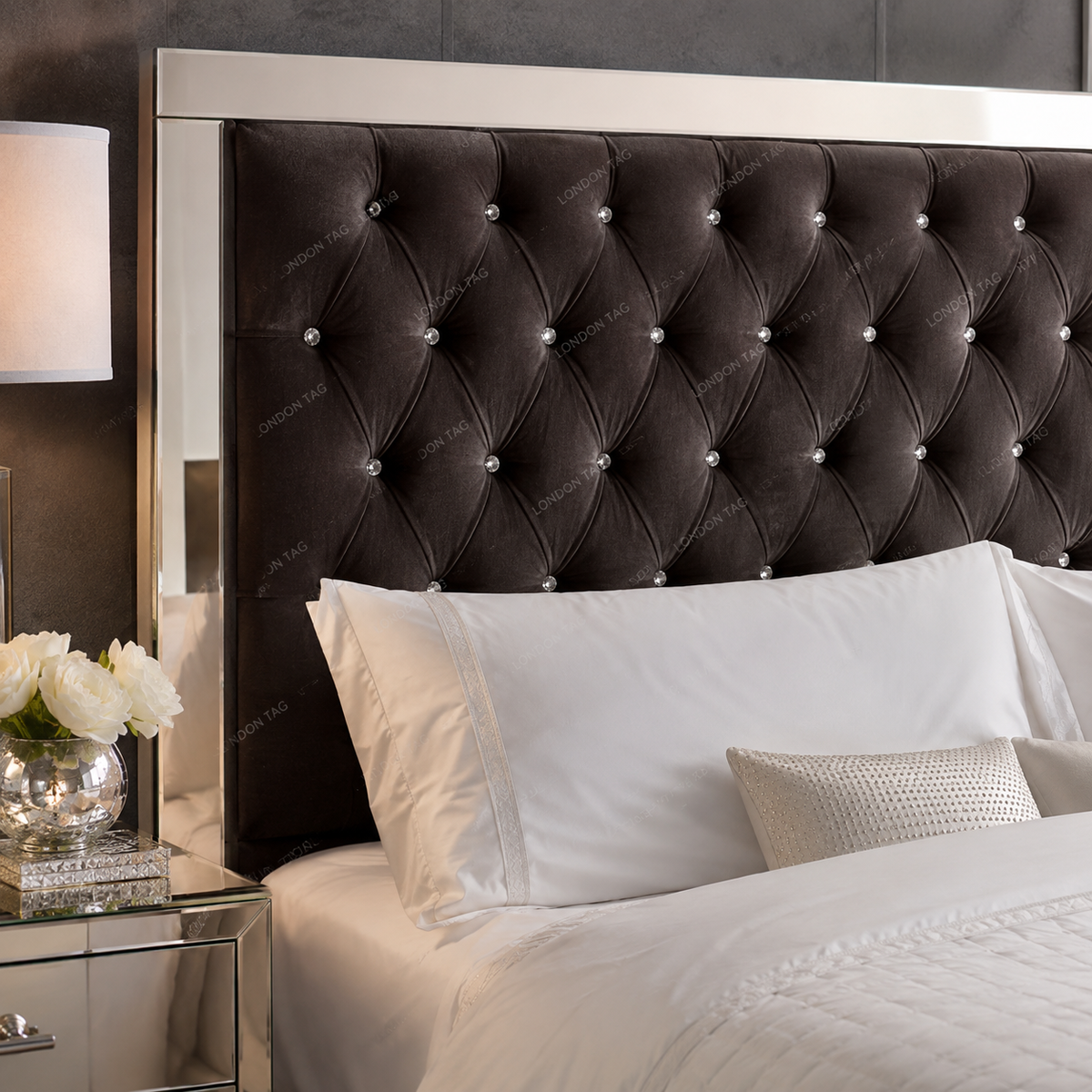 Luxury ROYALE Mirrored Bed Frame with Diamante Tufting - Double, King & Super