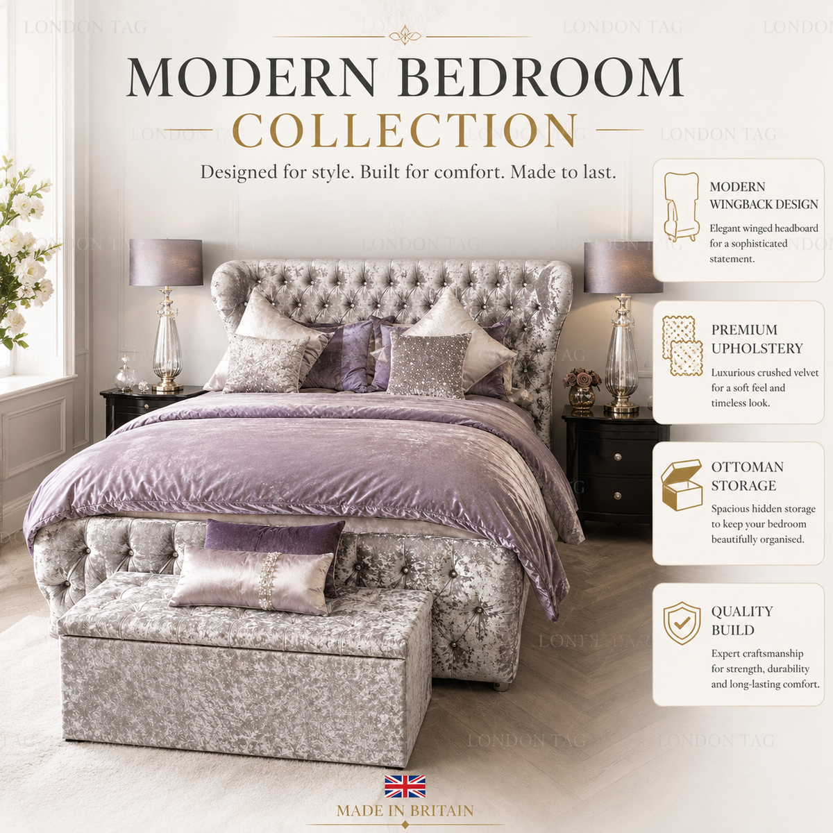 KENDALL Crystal Tufted Bed Frame - Upholstered - Double, King & Super King UK