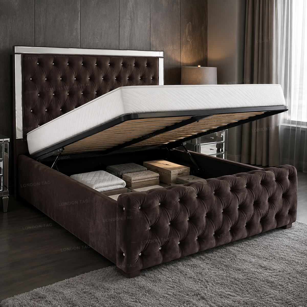 Luxury ROYALE Mirrored Bed Frame with Diamante Tufting - Double, King & Super