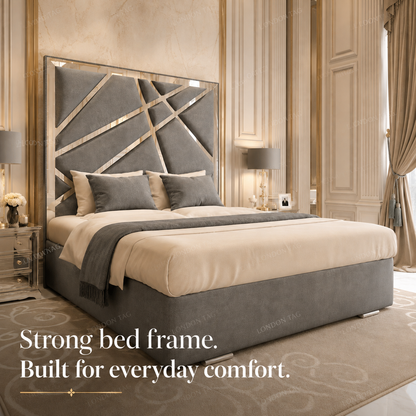 Luxury GEOMETRIC GLAM Upholstered Bed - Mirrored Detail - Double, King & S.King