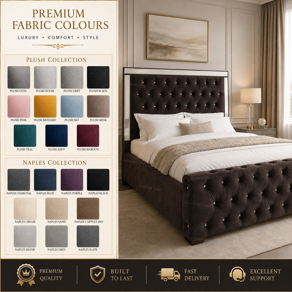 Luxury ROYALE Mirrored Bed Frame with Diamante Tufting - Double, King & Super