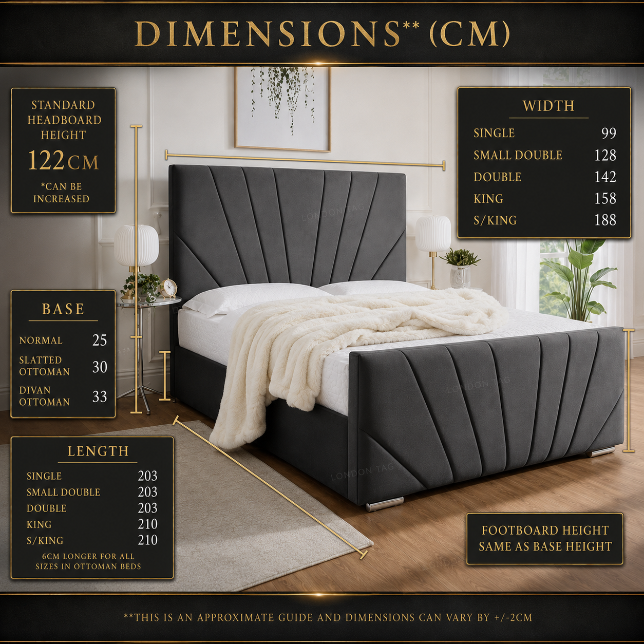 Luxury HORIZON Fan-Stitched Bed Frame - Double, King & Super King UK