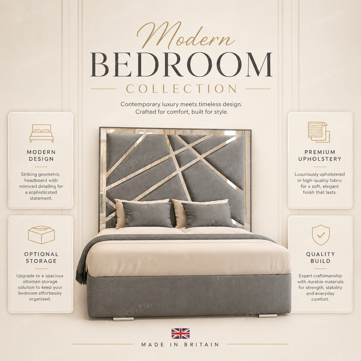 Luxury GEOMETRIC GLAM Upholstered Bed - Mirrored Detail - Double, King & S.King