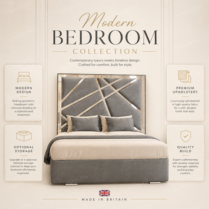Luxury GEOMETRIC GLAM Upholstered Bed - Mirrored Detail - Double, King & S.King