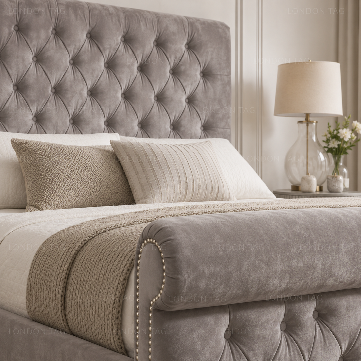 SLEIGH Upholstered Bed Frame - Deep Button Tufted - Double, King & S.King UK
