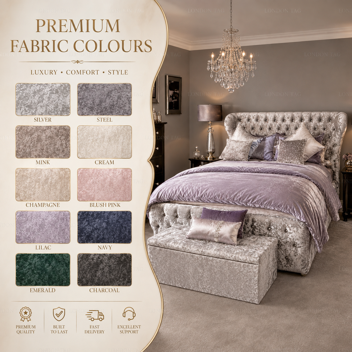 KENDALL Crystal Tufted Bed Frame - Upholstered - Double, King & Super King UK