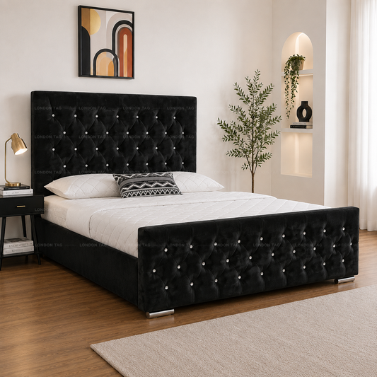 Ottoman Storage Bed Frame Plush Velvet Upholstered Panel Headboard All Sizes