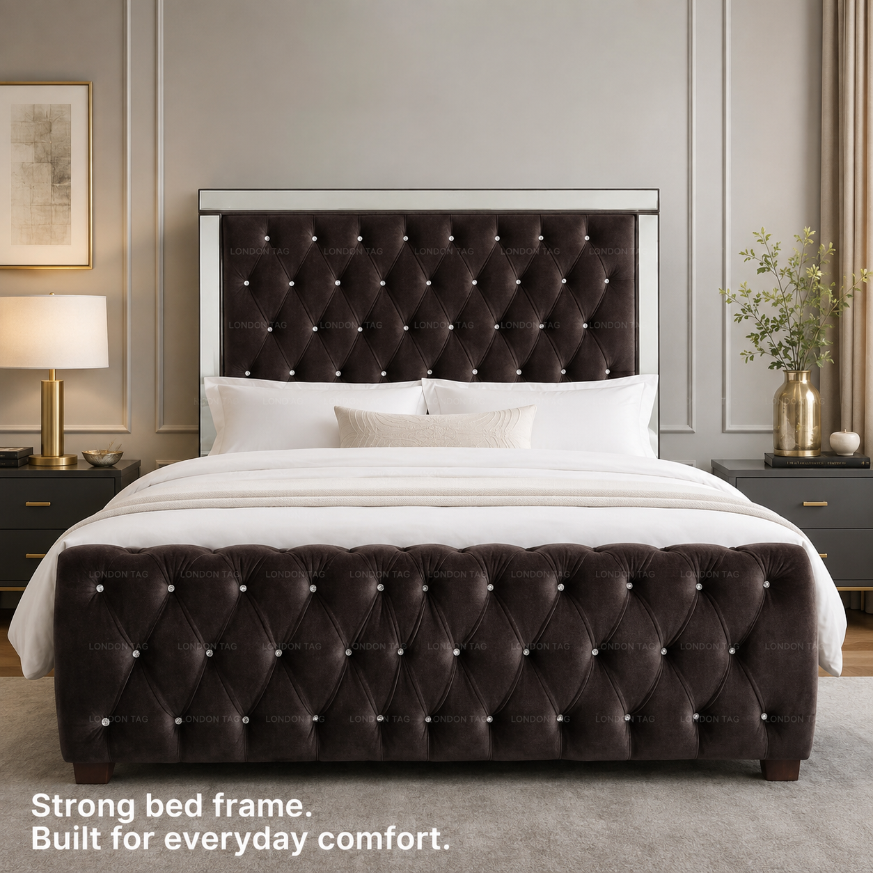 Luxury ROYALE Mirrored Bed Frame with Diamante Tufting - Double, King & Super