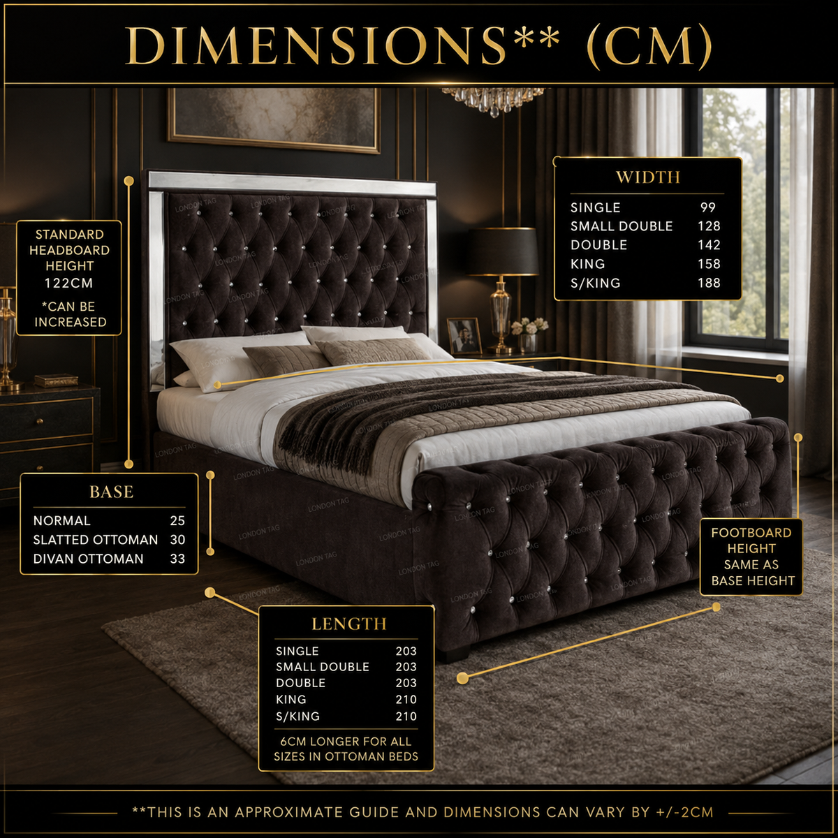 Luxury ROYALE Mirrored Bed Frame with Diamante Tufting - Double, King & Super