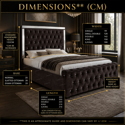 Luxury ROYALE Mirrored Bed Frame with Diamante Tufting - Double, King & Super