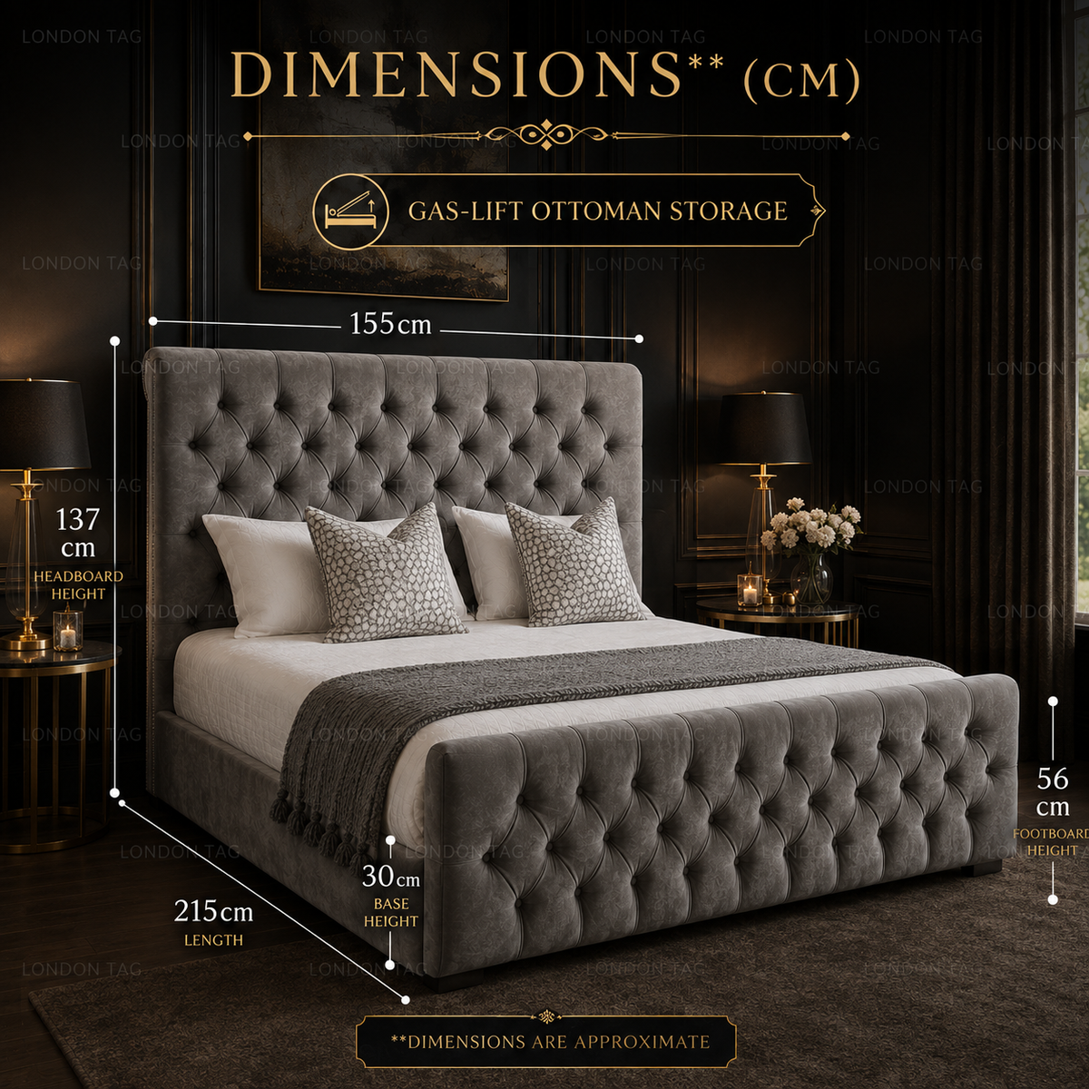KENDALL Deep-Tufted Upholstered Bed - Double, King & Super King Size UK