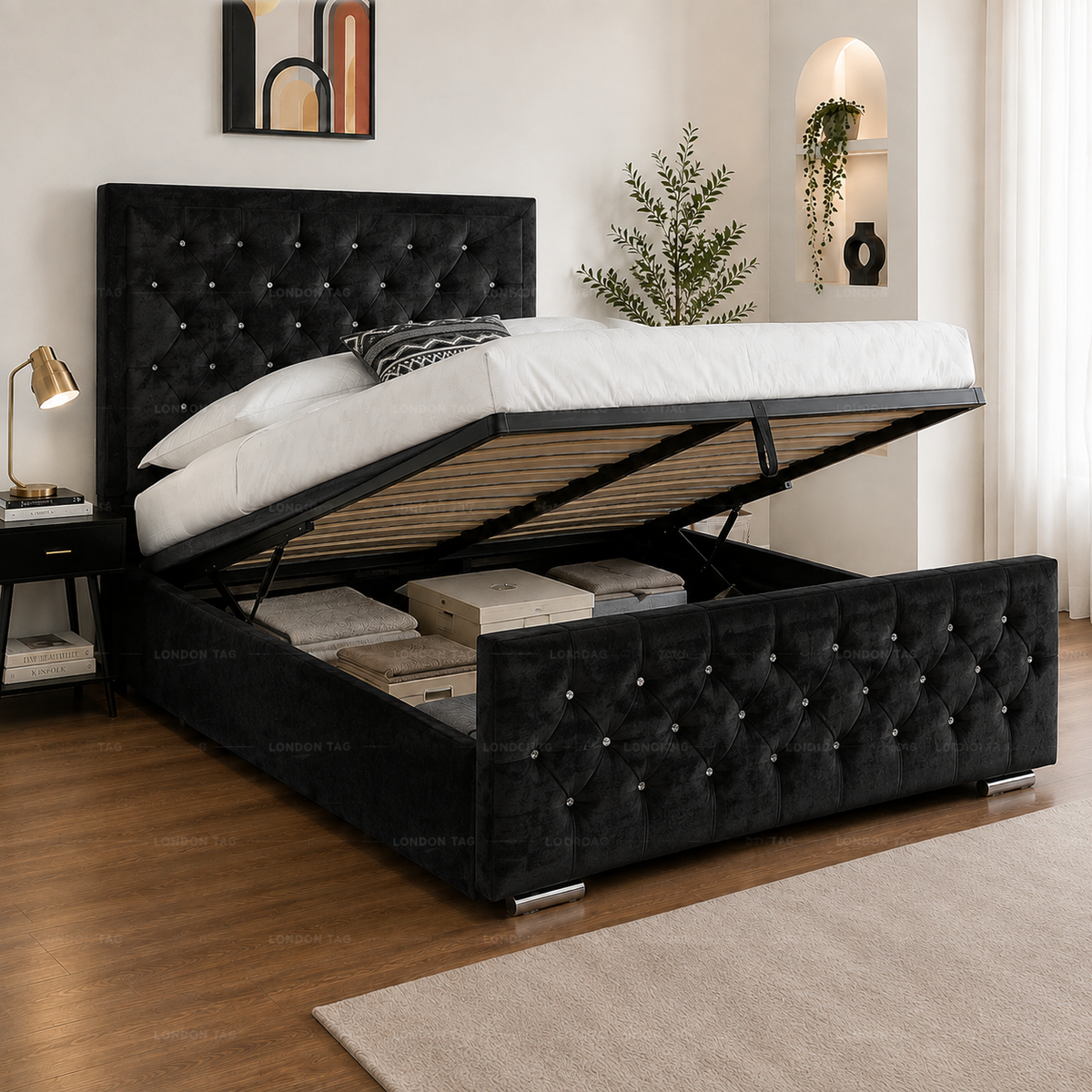 Ottoman Storage Bed Frame Plush Velvet Upholstered Panel Headboard All Sizes