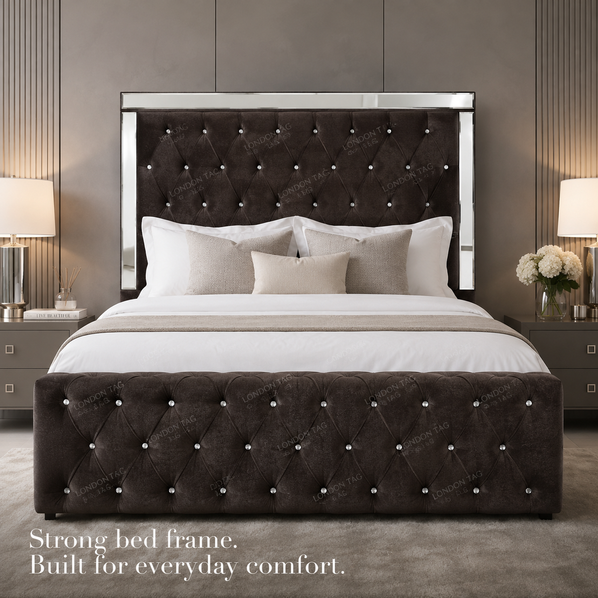 Luxury ROYALE Mirrored Bed Frame with Diamante Tufting - Double, King & Super