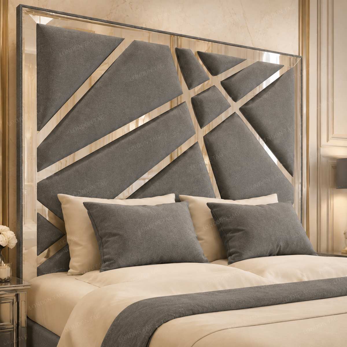 Luxury GEOMETRIC GLAM Upholstered Bed - Mirrored Detail - Double, King & S.King
