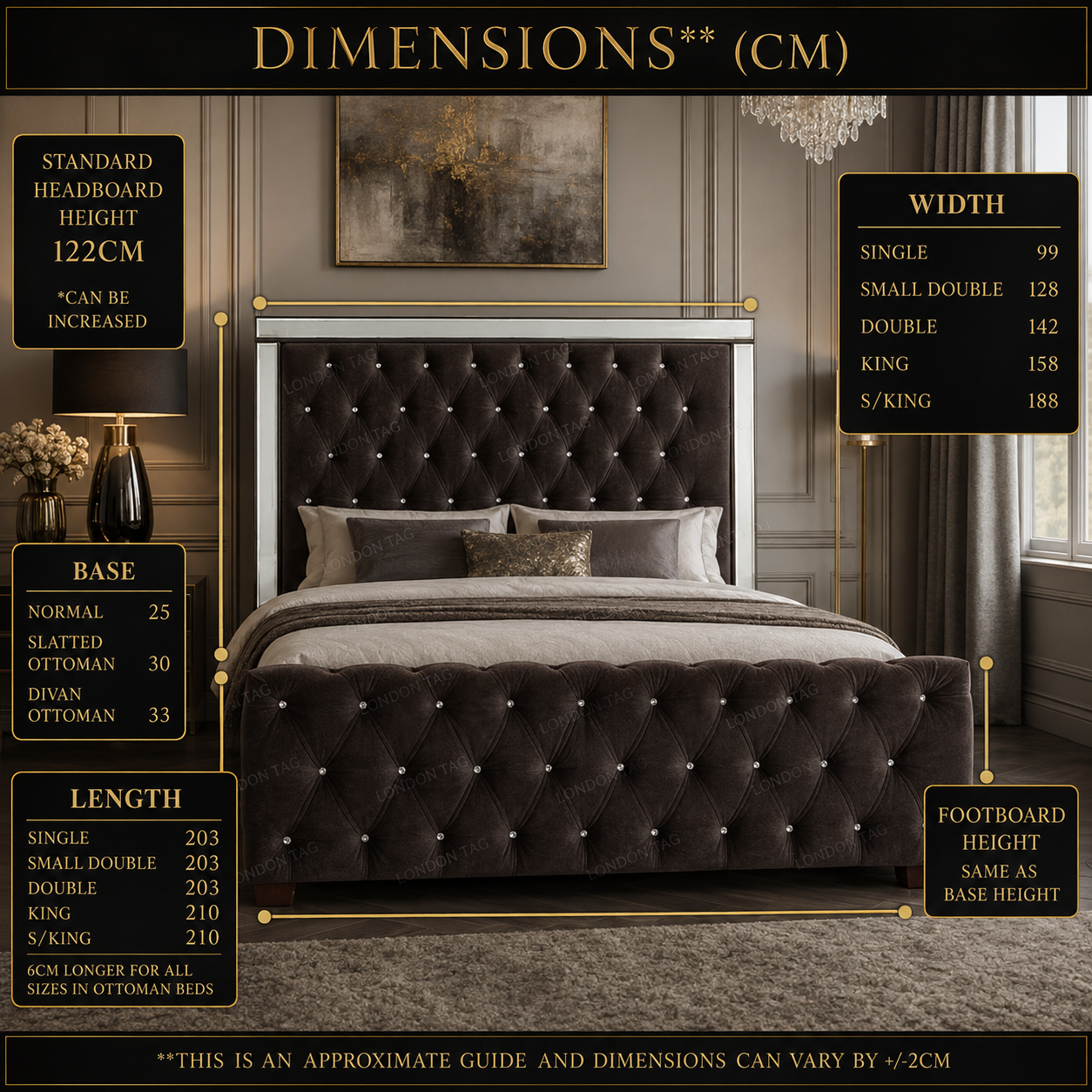 Luxury ROYALE Mirrored Bed Frame with Diamante Tufting - Double, King & Super