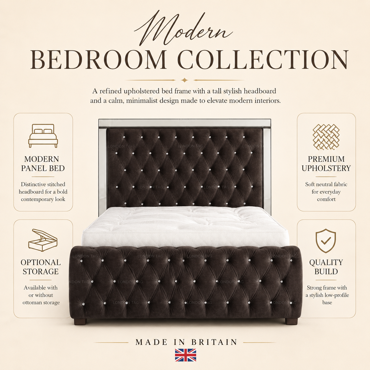 Luxury ROYALE Mirrored Bed Frame with Diamante Tufting - Double, King & Super