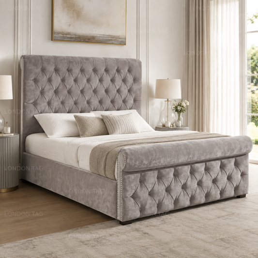 SLEIGH Upholstered Bed Frame - Deep Button Tufted - Double, King & S.King UK