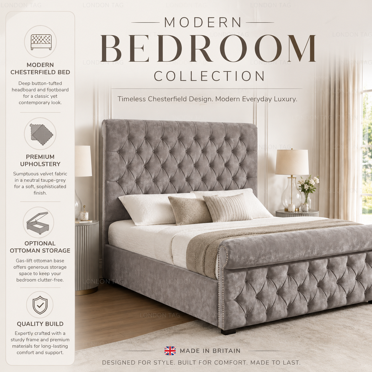 SLEIGH Upholstered Bed Frame - Deep Button Tufted - Double, King & S.King UK