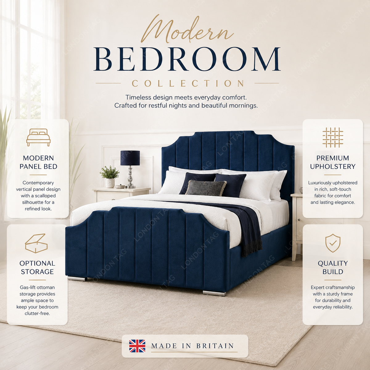 CROWN Upholstered Bed Frame - Vertical Panel Design - Double, King, S.King UK