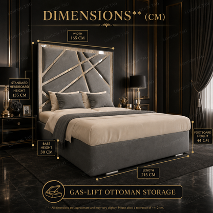 Luxury GEOMETRIC GLAM Upholstered Bed - Mirrored Detail - Double, King & S.King