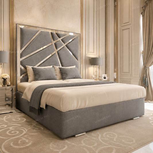 Luxury GEOMETRIC GLAM Upholstered Bed - Mirrored Detail - Double, King & S.King