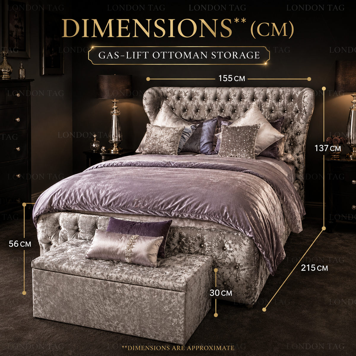 KENDALL Crystal Tufted Bed Frame - Upholstered - Double, King & Super King UK