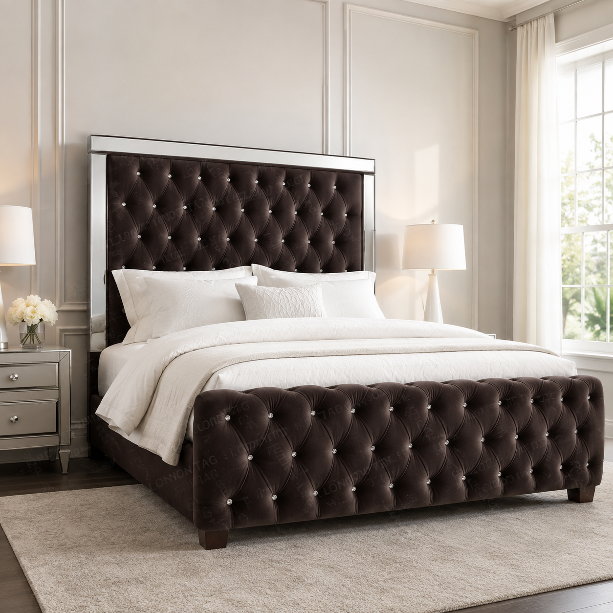 Luxury ROYALE Mirrored Bed Frame with Diamante Tufting - Double, King & Super