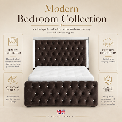 Luxury ROYALE Mirrored Bed Frame with Diamante Tufting - Double, King & Super
