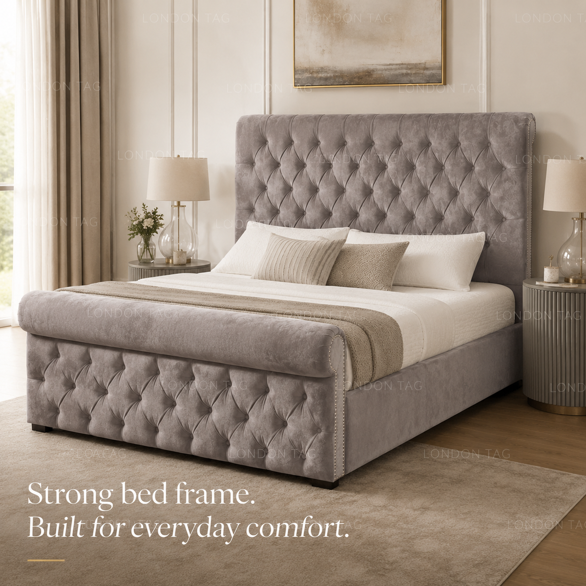 SLEIGH Upholstered Bed Frame - Deep Button Tufted - Double, King & S.King UK