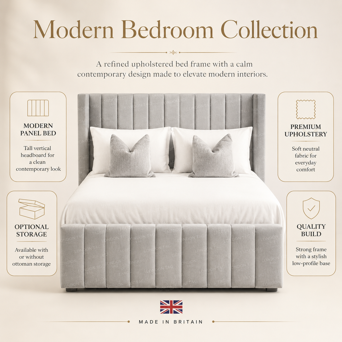 SELINE Modern Vertical Channel Bed - Available in Double, King & Super King