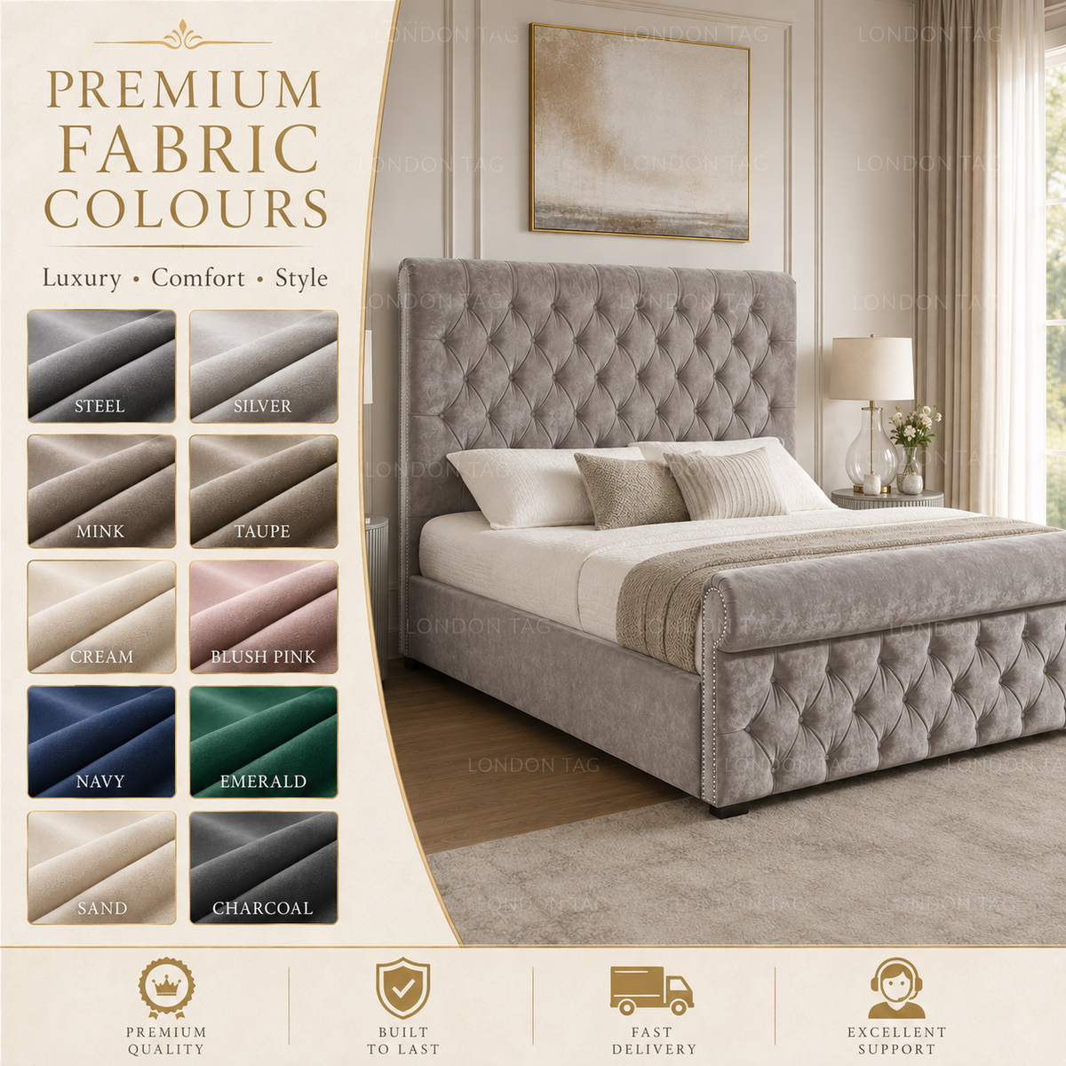 SLEIGH Upholstered Bed Frame - Deep Button Tufted - Double, King & S.King UK