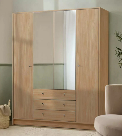 Wardrobe Oak Effect Home Malibu 4 Dr 3 Drawer Mirror
