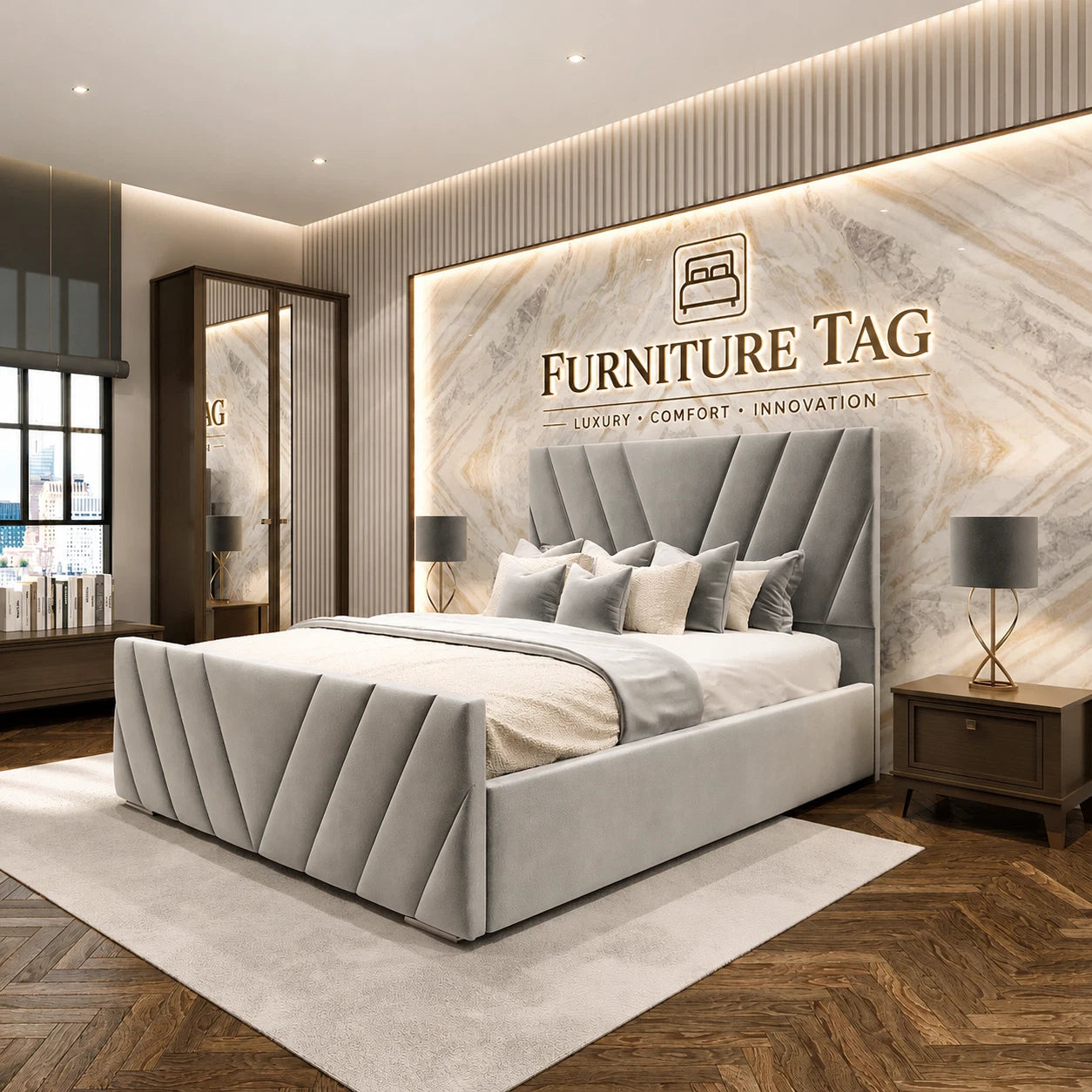 Furniture Tag Victoria V Lined Upholstered Bed Frame Double King Super King