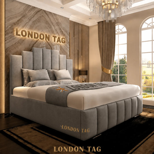 London Tag Art Deco Upholstered Ottoman Storage Bed Frame Grey All UK Sizes