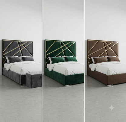 Luxury GEOMETRIC GLAM Upholstered Bed - Mirrored Detail - Double, King & S.King