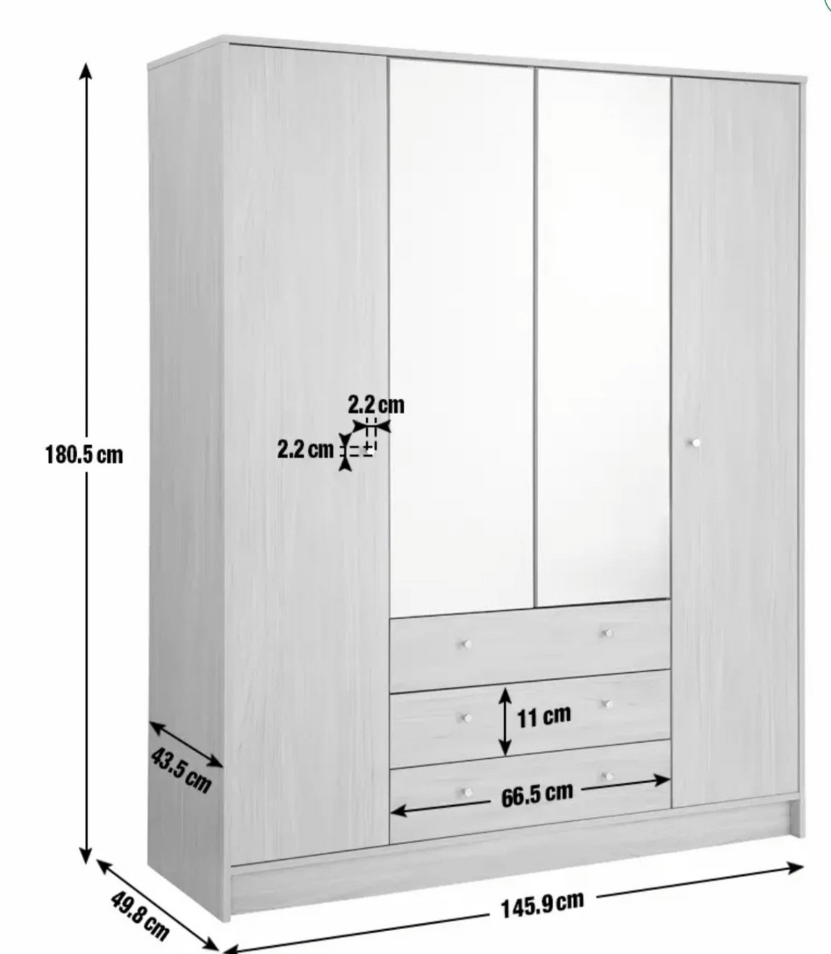 Wardrobe Oak Effect Home Malibu 4 Dr 3 Drawer Mirror