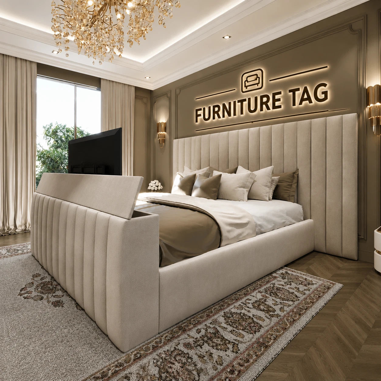 Luxury TV Bed Frame Upholstered Fabric Storage Bed Double King Super King UK