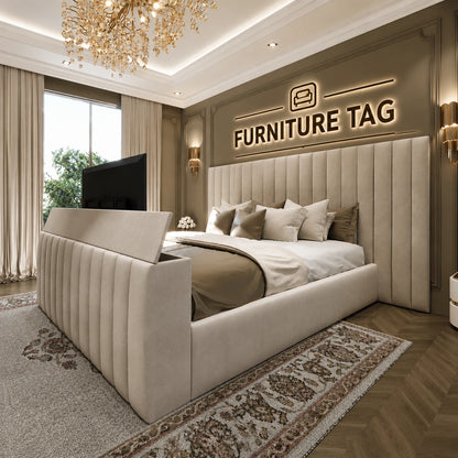 Luxury TV Bed Frame Upholstered Fabric Storage Bed Double King Super King UK