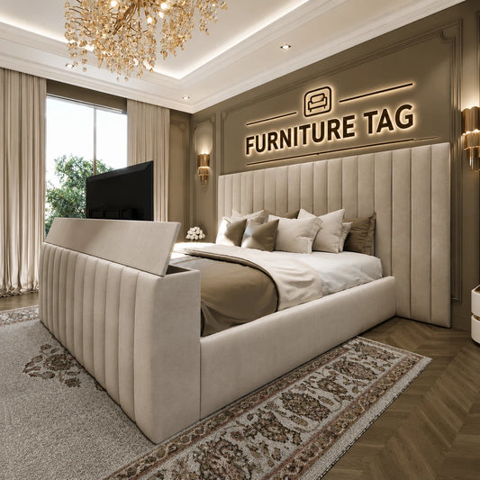 Luxury TV Bed Frame Upholstered Fabric Storage Bed Double King Super King UK