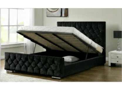 Ottoman Storage Bed Frame Plush Velvet Upholstered Panel Headboard All Sizes