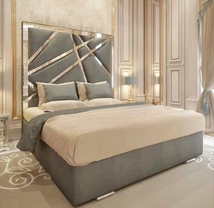 Luxury GEOMETRIC GLAM Upholstered Bed - Mirrored Detail - Double, King & S.King