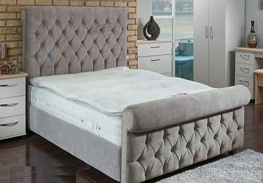 SLEIGH Upholstered Bed Frame - Deep Button Tufted - Double, King & S.King UK