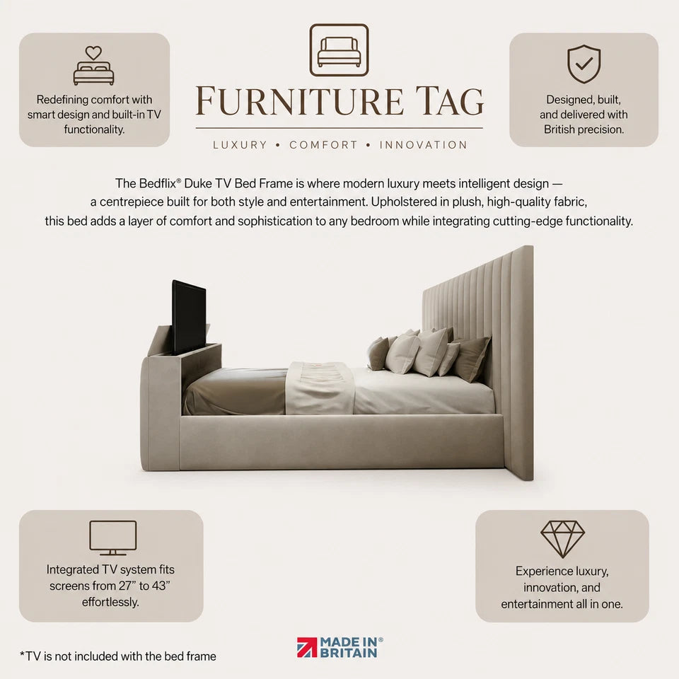 Luxury TV Bed Frame Upholstered Fabric Storage Bed Double King Super King UK