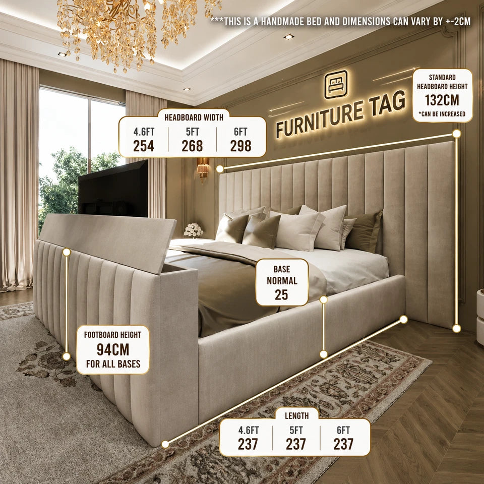 Luxury TV Bed Frame Upholstered Fabric Storage Bed Double King Super King UK